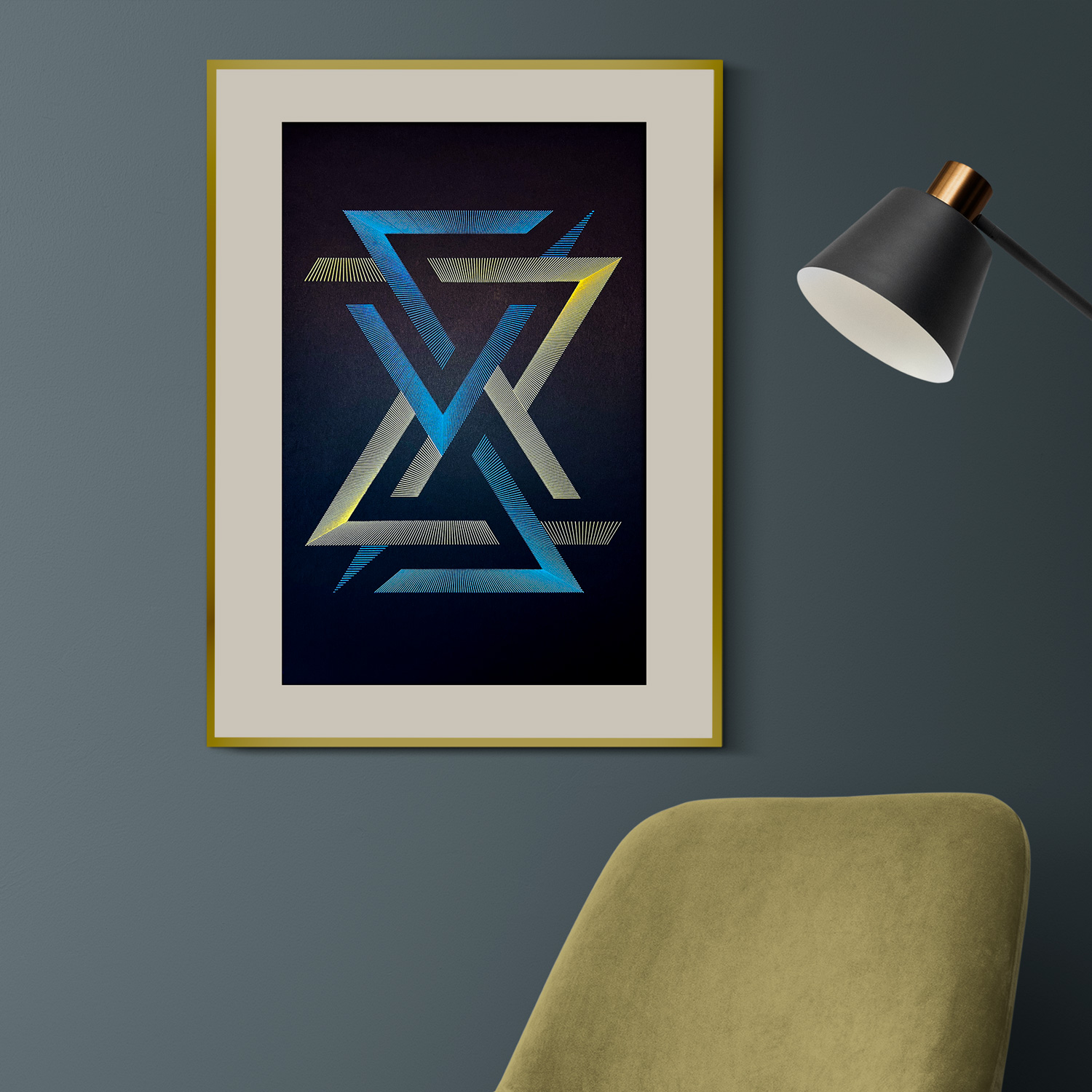 This original wall art ink drawing showing an abstract representation of interstellar travel. The artwork features vibrant swirls and streaks of silver and gold on navy blue heavy paper. This one of kind drawing is ready to be framed and will add a touch of sci-fi style to any room.