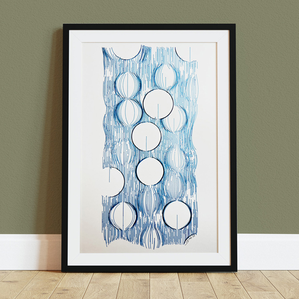 Bubble line work of black and blue on white