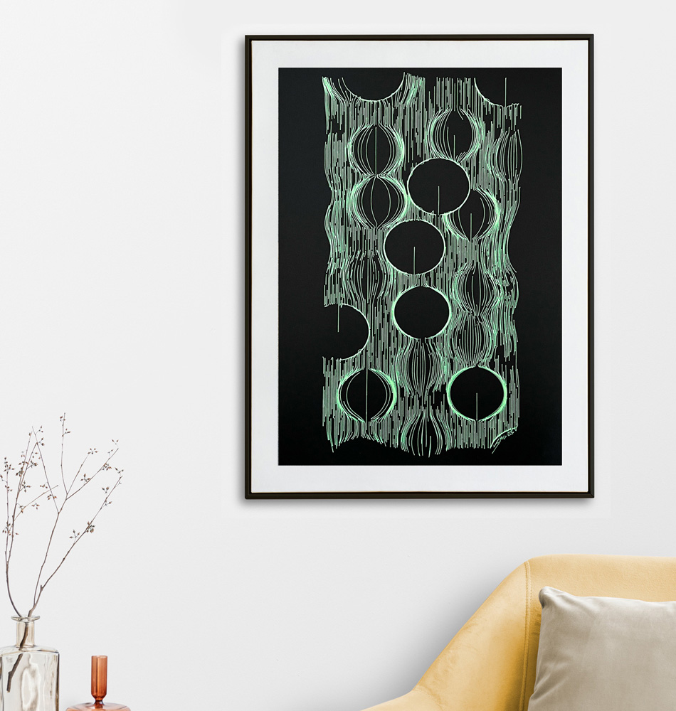 One of a kind piece of art featuring a moire grid pattern in striking black and white