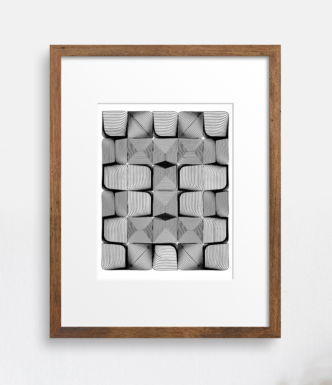 One of a kind piece of art featuring a moire grid pattern in striking black and white